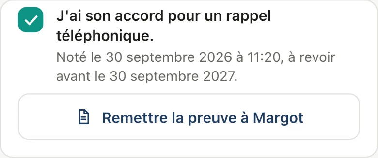 Sur la fiche de Margot D. : son accord noté le 30 septembre 2026 à 11:20, à revoir avant le 30 septembre 2027, et le bouton pour lui remettre la preuve.