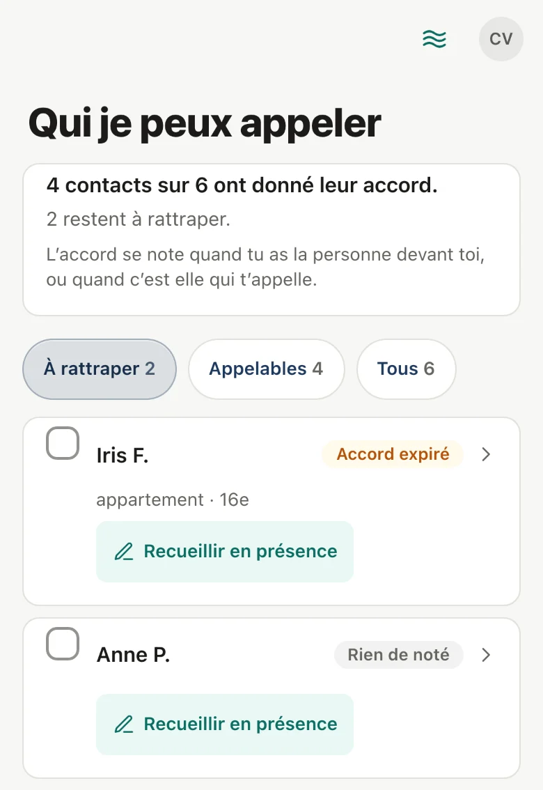 L’écran « Qui je peux appeler » : 4 contacts sur 6 ont donné leur accord, 2 restent à rattraper, un accord expiré et une fiche sans accord noté.