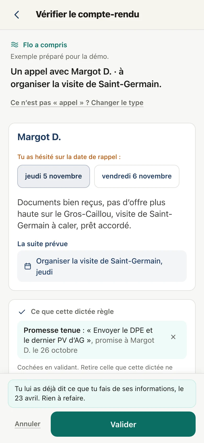 L’écran « Vérifier le compte-rendu » : un appel avec Margot D., le doute entre jeudi 5 et vendredi 6 novembre à trancher, la promesse tenue, et le bouton Valider.